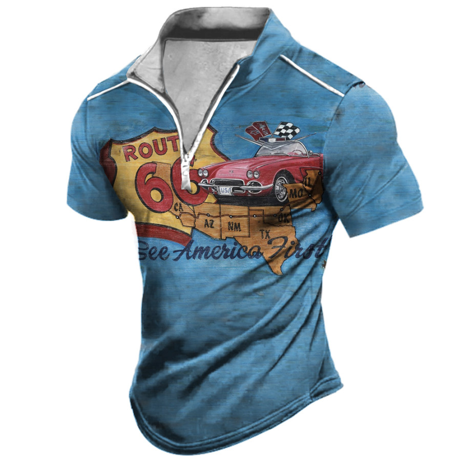 

Men's Vintage America Route 66 Print Zipper Stand Collar T-Shirt