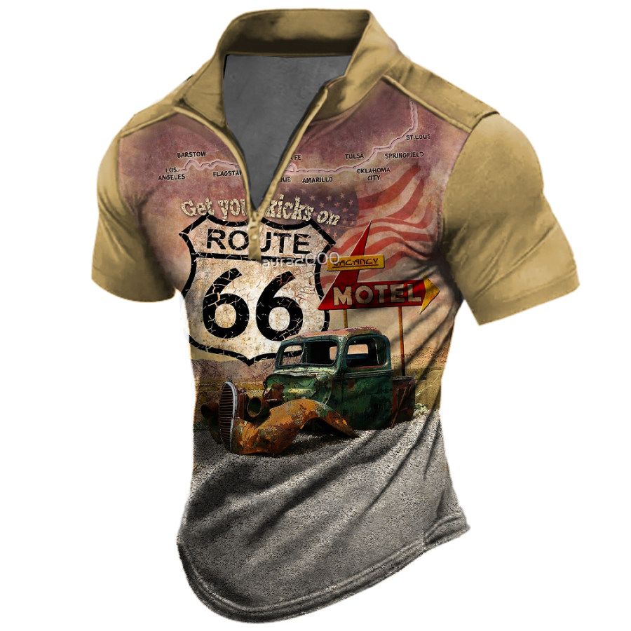 

Men's Vintage America Route 66 Print Zipper Stand Collar T-Shirt