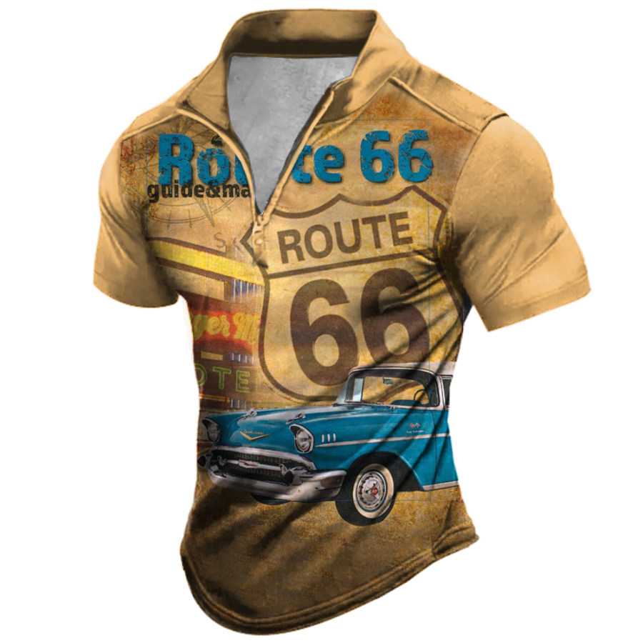 

Men's Vintage America Route 66 Print Zipper Stand Collar T-Shirt