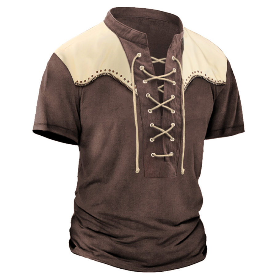 

Men's Vintage Western Colorblock Lace-Up T-Shirt