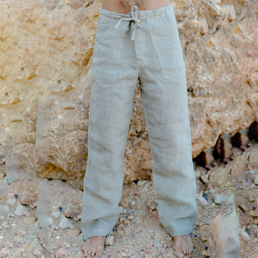 

Men's Solid Color Cotton And Linen Lace-up Casual Trousers