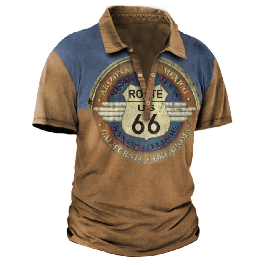 

Men's Vintage Route 66 Color Block Casual Polo T-Shirt