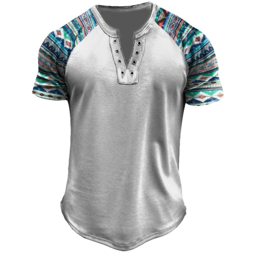 

Men's Retro Ethnic Style Printing Eyelet Button V-neck Neckline T-shirt
