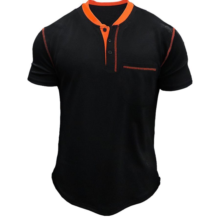 

Men's Retro Colorblock Chest Pocket Henley Collar Casual T-Shirt