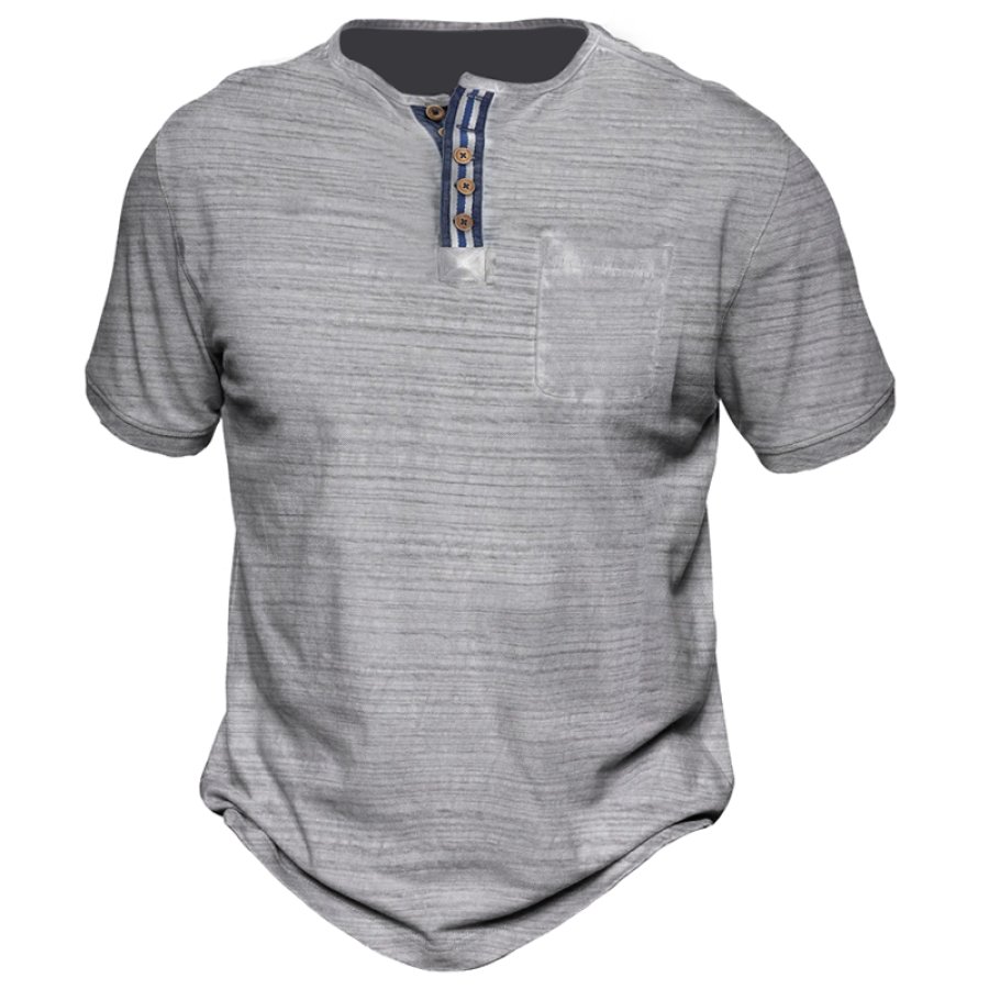 

Men's Retro Colorblock Chest Pocket Henley Collar Casual T-Shirt