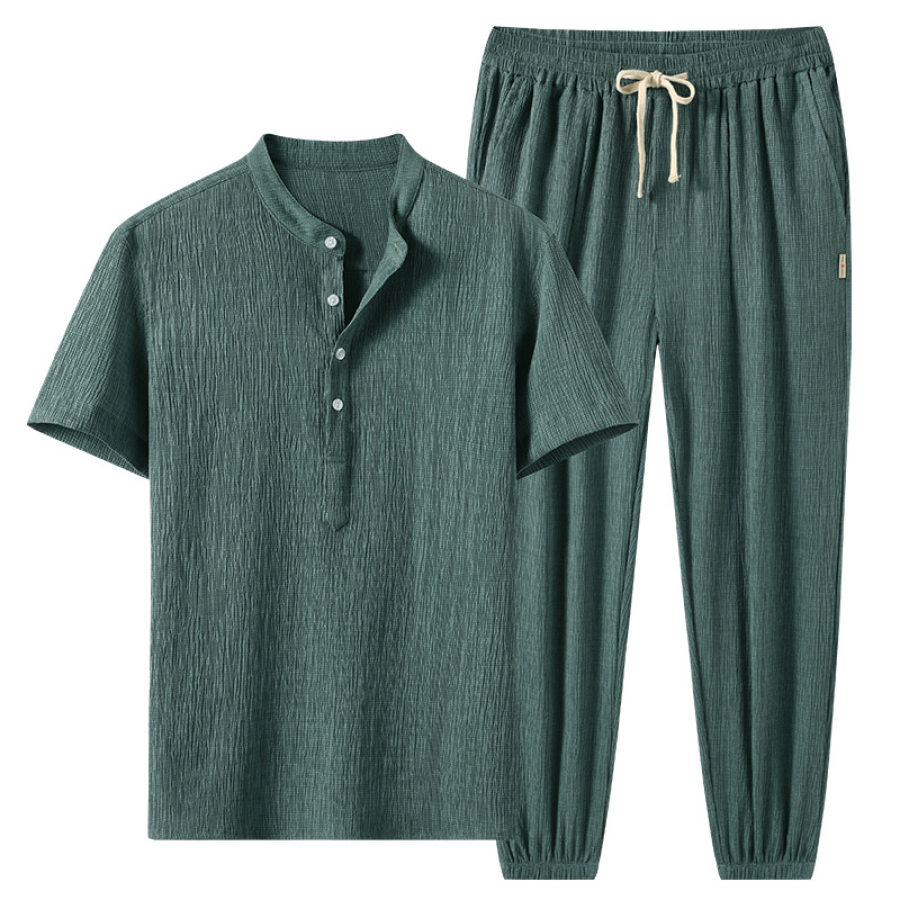 

Men's Cotton Linen Thin Ice Silk Breathable Casual Sports Suit