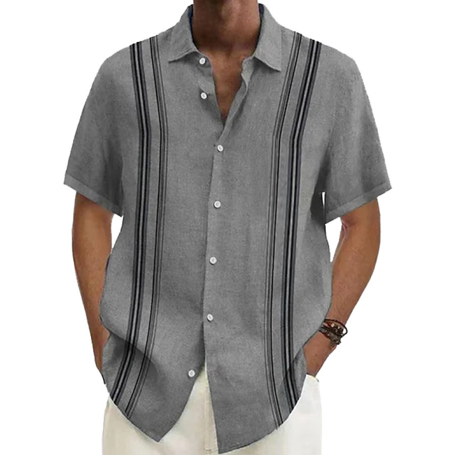 

Men's Linen Stripe Print Casual Beach Lapel Short Sleeve Shirt
