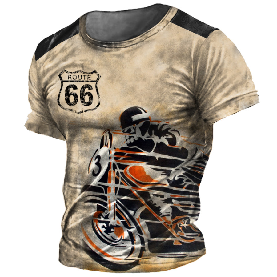 

Men's Vintage Motorcycle Route 66 Print Crewneck T-Shirt