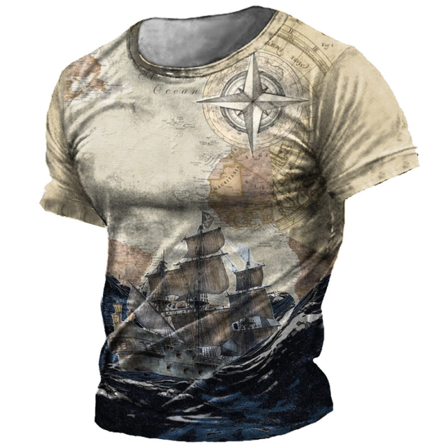

Men's Vintage Nautical Compass Print Crew Neck T-Shirt