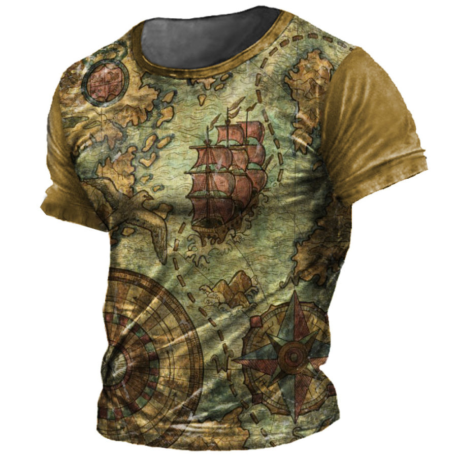 

Men's Vintage Nautical Compass Print Crew Neck T-Shirt