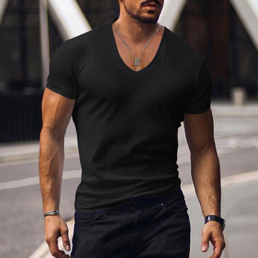 

Mens Solid Color Classic V-neck Basic Tee