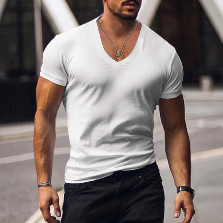 

Mens Solid Color Classic V-neck Basic Tee