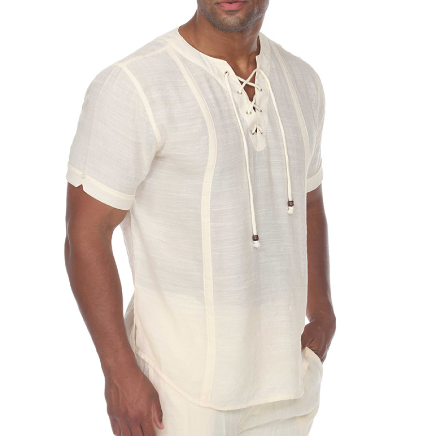 

Men's Hawaiian Solid Color Cotton Linen Tie V-Neck T-Shirt
