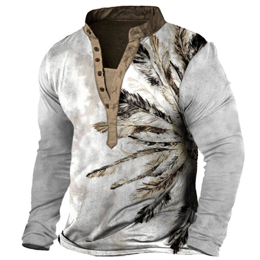 

Men's Vintage Feather Print Henley T-Shirt