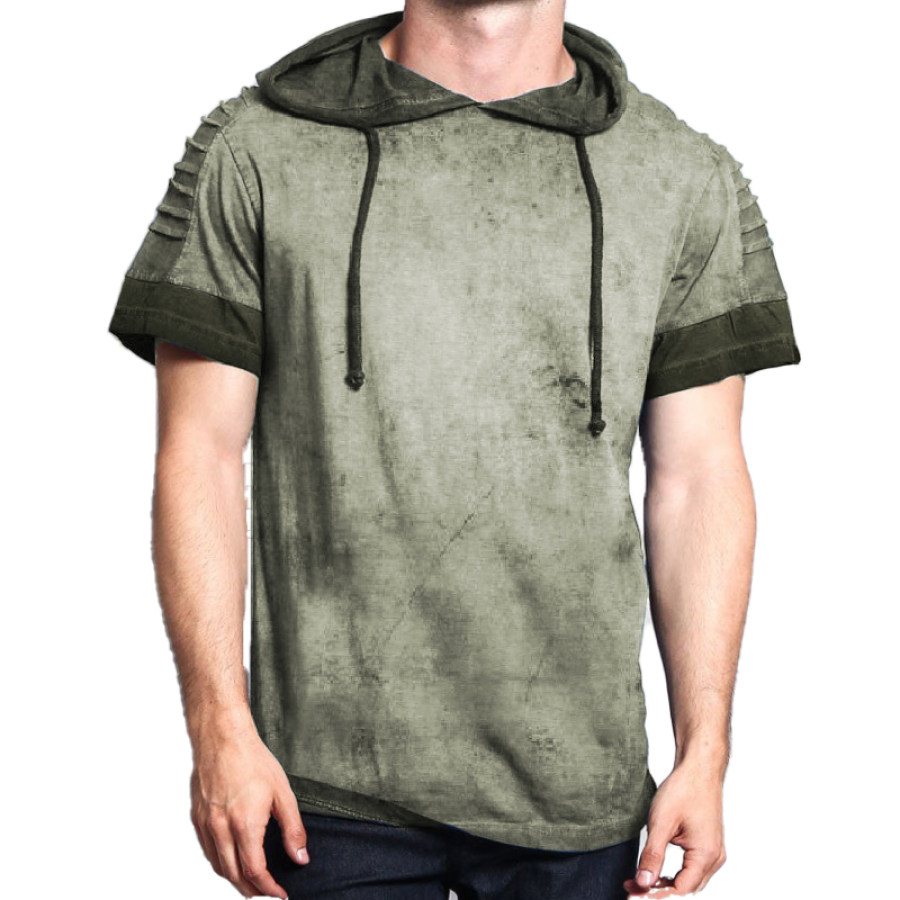 

Men's Outdoor Retro Solid Color Stitching Hooded Short-sleeved T-shirt