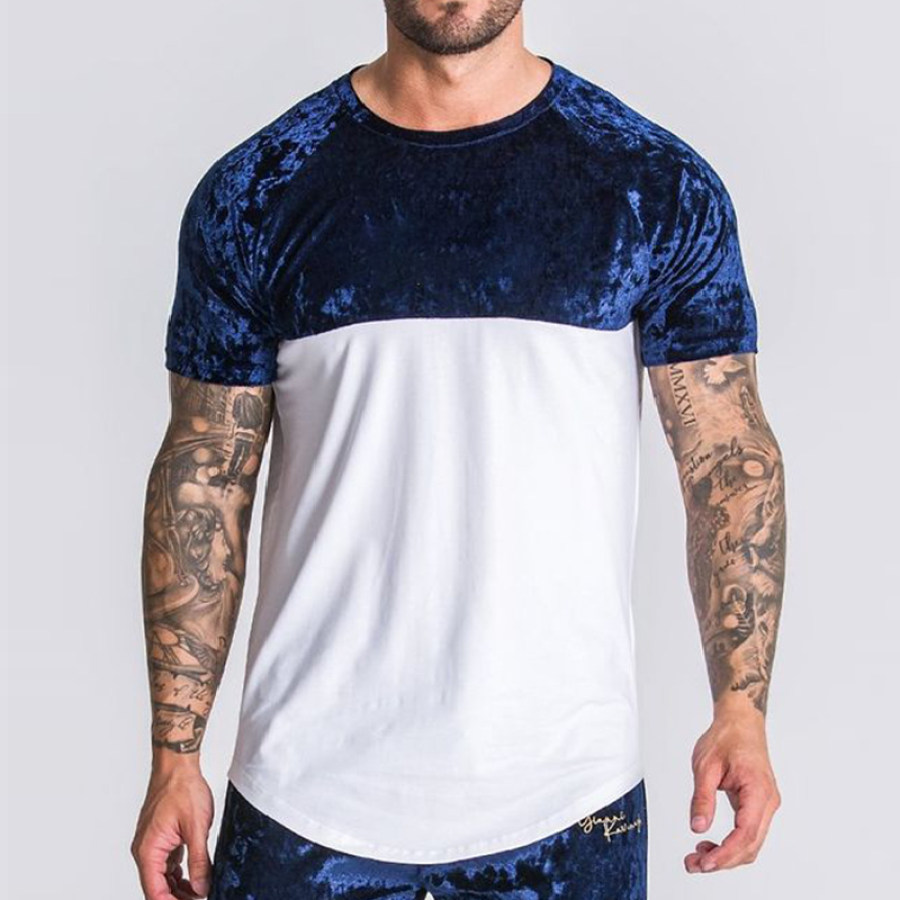 

Men's Velvet Stitching Color Contrast Round Neck T-shirt