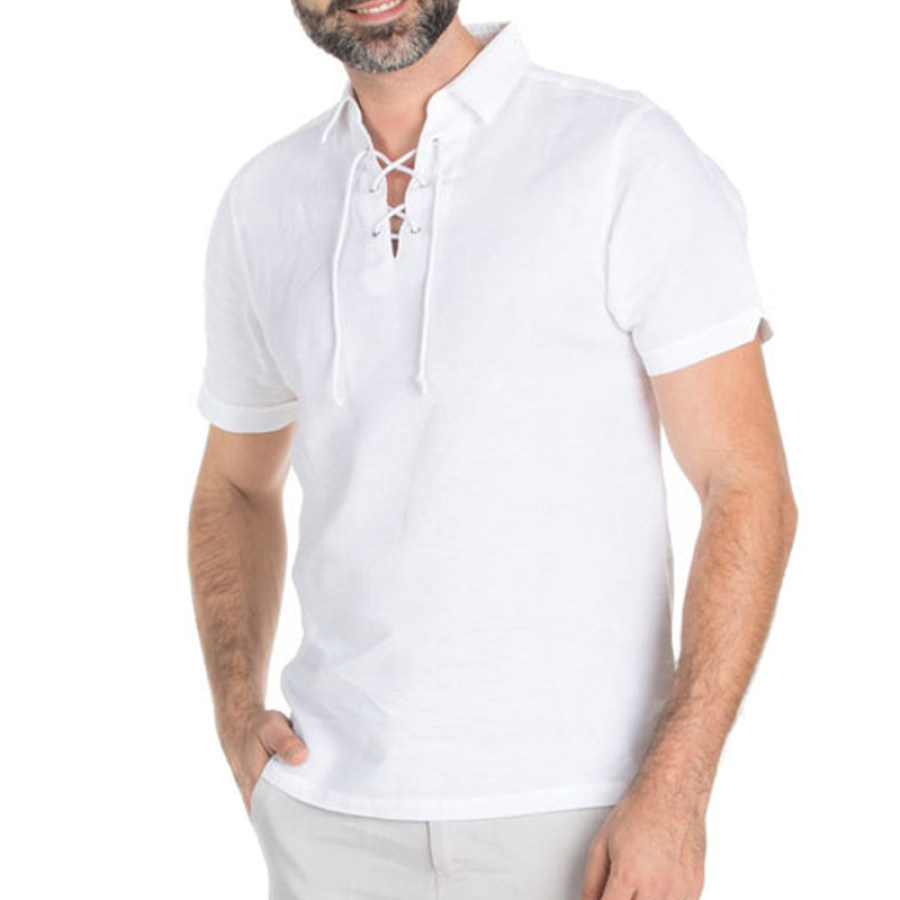 

Men's Hawaiian Solid Color Cotton Linen Tie Short Sleeve T-Shirt