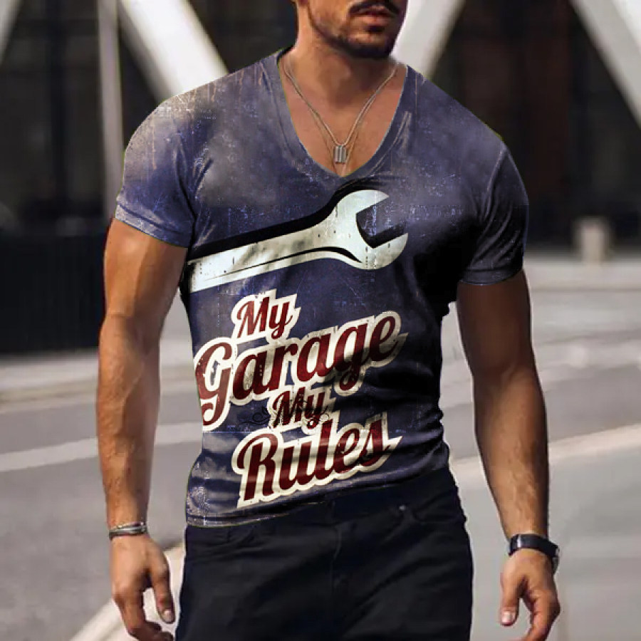

Men Vintage My Garage My Rules Print V Neck Cotton T-shirt