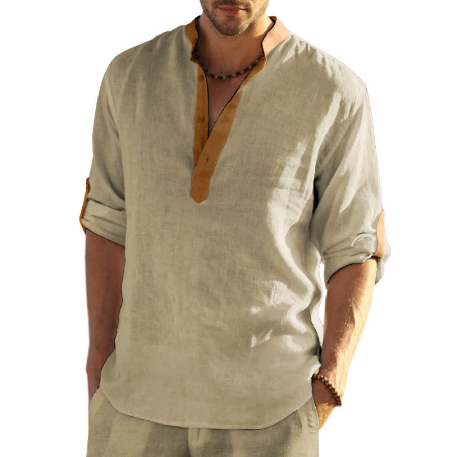 

Men's Color Block Casual Long Sleeve Cotton Linen Shirt