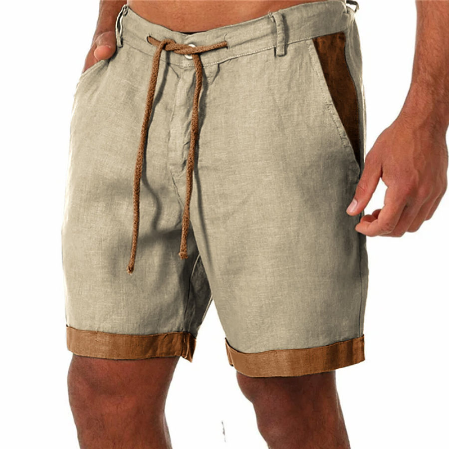 

Men's Colorblock Casual Cotton Linen Lace-Up Shorts