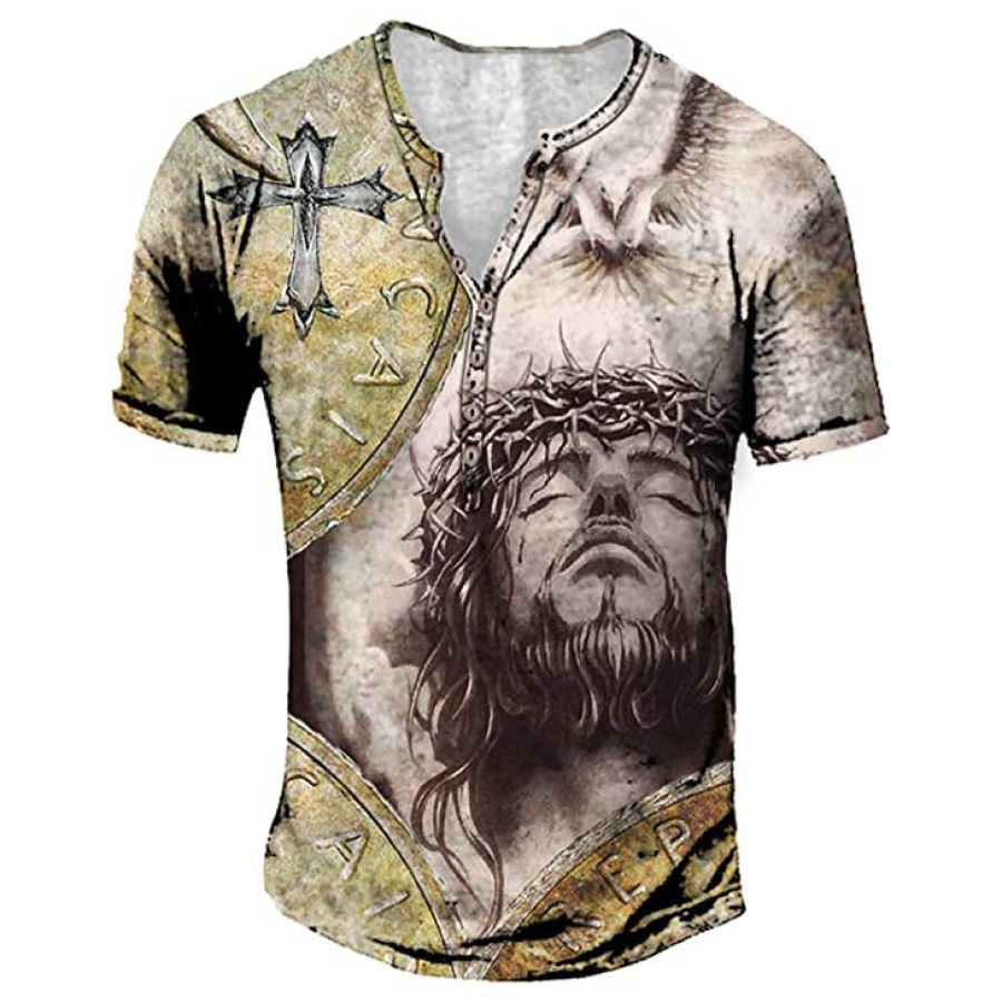 

Men's Vintage Jesus Cross Easter Print Henley Collar T-Shirt