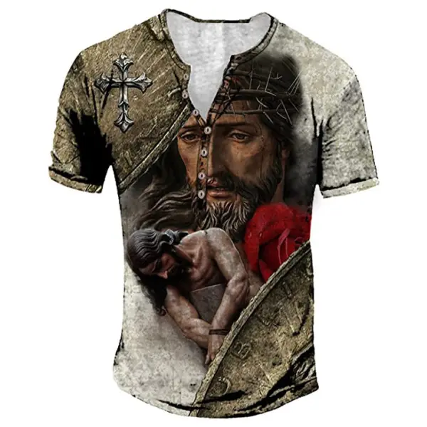 Men's Vintage Jesus Cross Easter Print Henley Collar T-Shirt - Cotosen.com