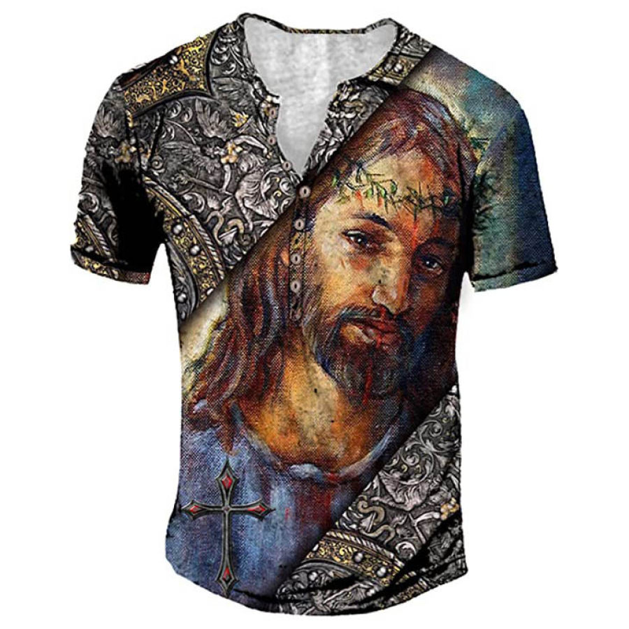 

Men's Vintage Jesus Cross Easter Print Henley Collar T-Shirt