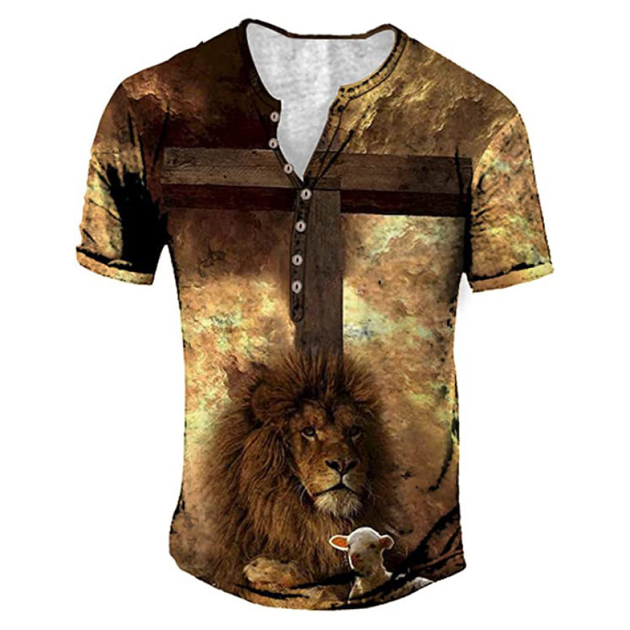 

Men's Vintage Lion Cross Easter Print Henley Collar T-Shirt