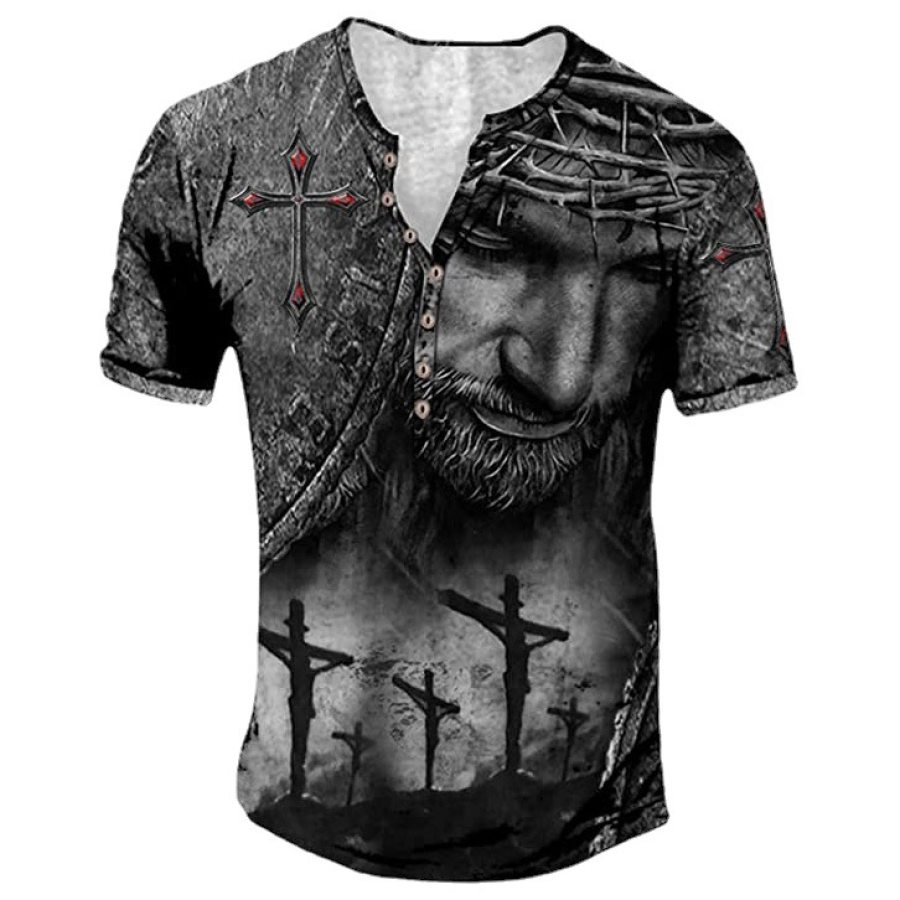 

Men's Vintage Jesus Cross Easter Print Henley Collar T-Shirt