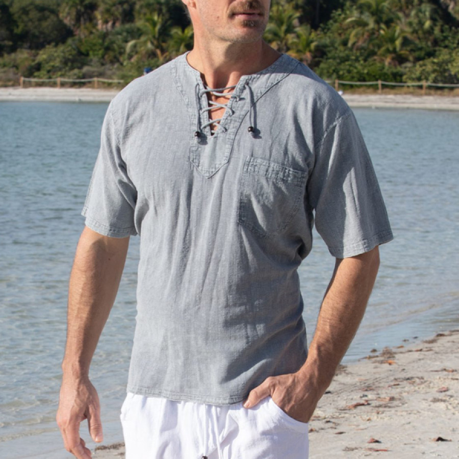 

Men's Vintage Drawstring Pocket Resort Cotton Linen T-Shirt
