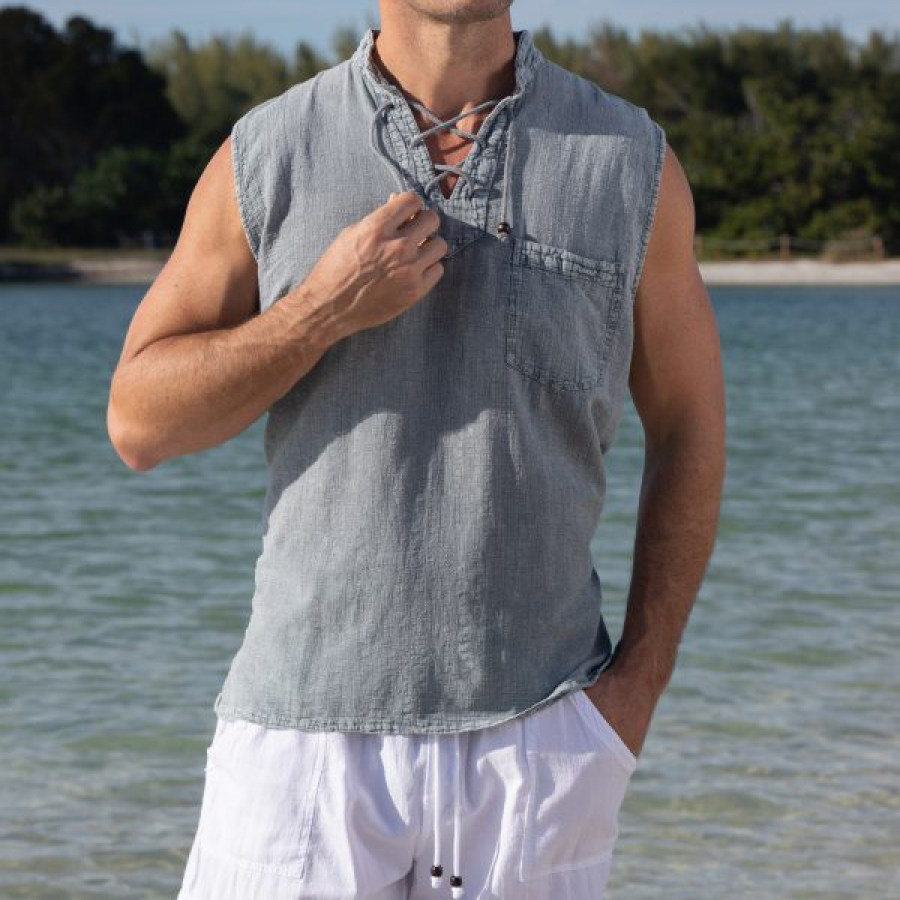 

Men's Vintage Drawstring Pocket Resort Cotton Linen Tank Top