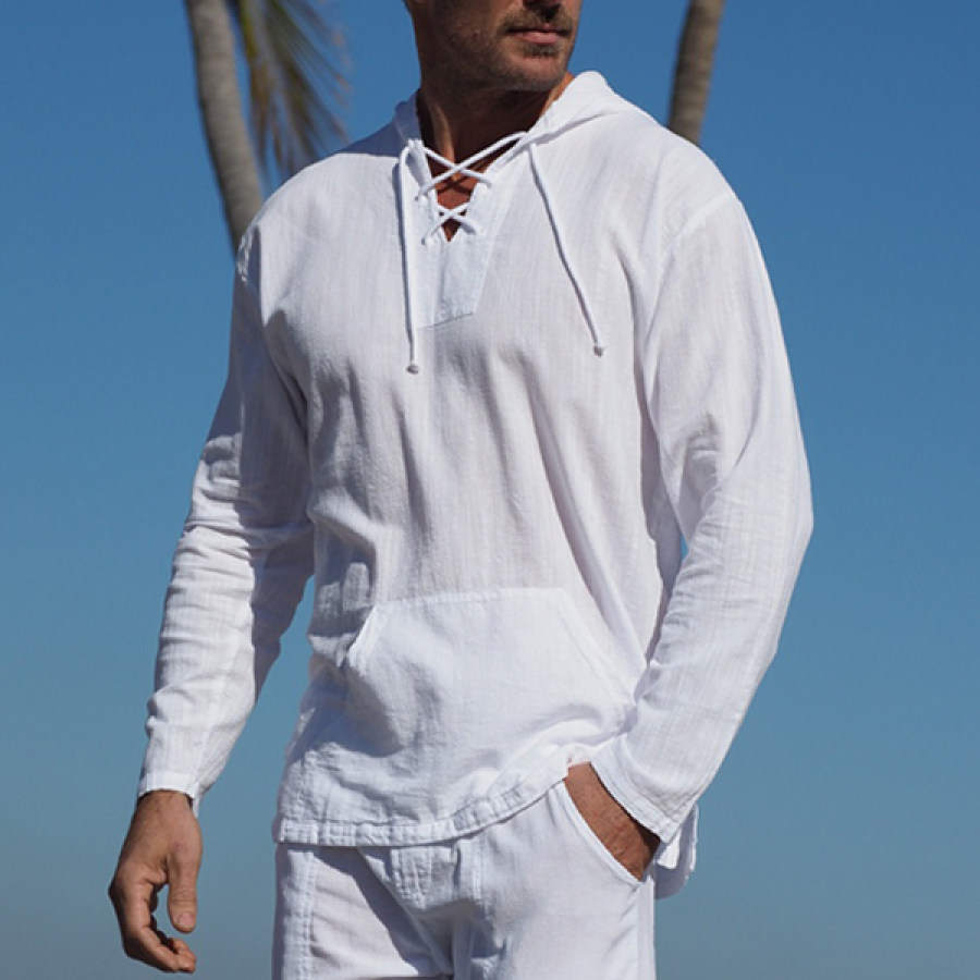 

Men's Vintage Drawstring Pocket Vacation Cotton Linen Hooded T-Shirt