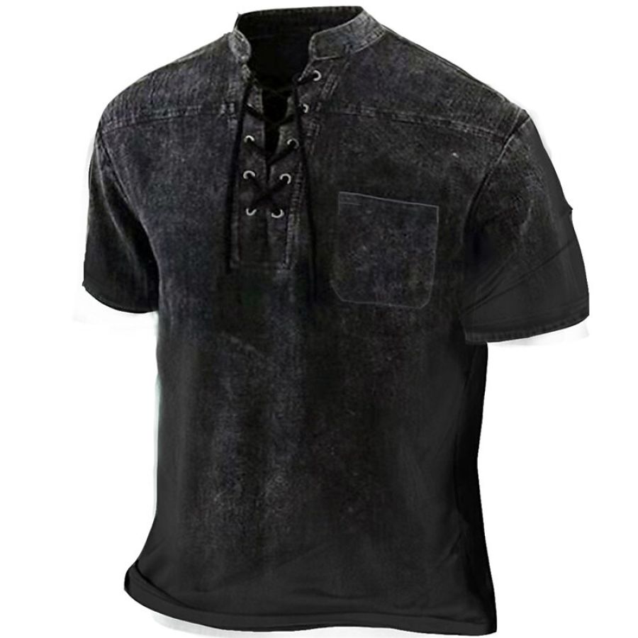 

Men's Outdoor Stand Collar Lace-up Front Pocket Short Sleeve T-shirt