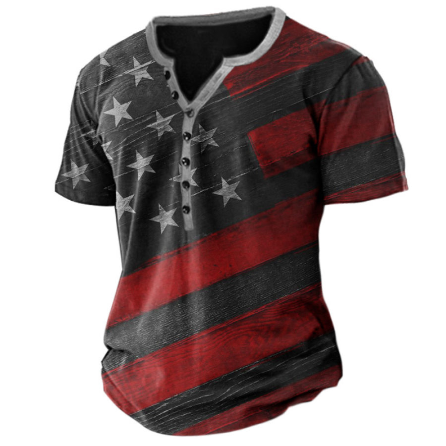 

Men's Casual American Flag Henley Short Sleeve T-Shirt