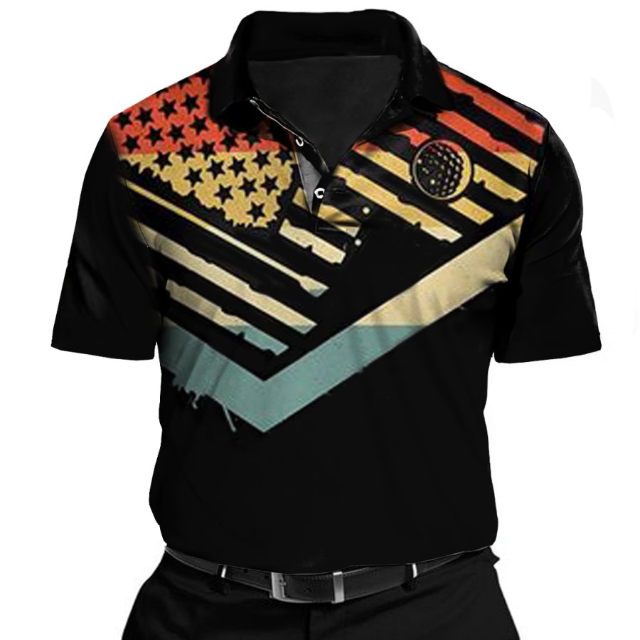 

Men's Golf American Flag Print Sports Leisure POLO