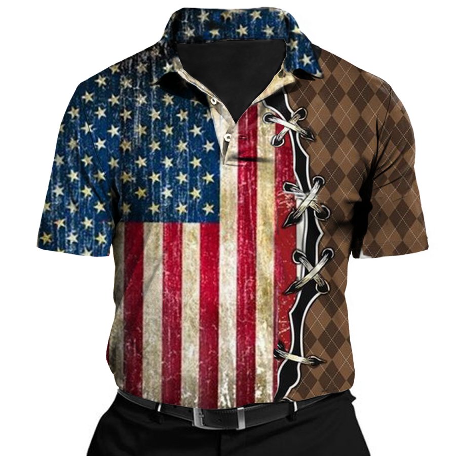 

Men's Golf American Flag Print Sports Leisure POLO