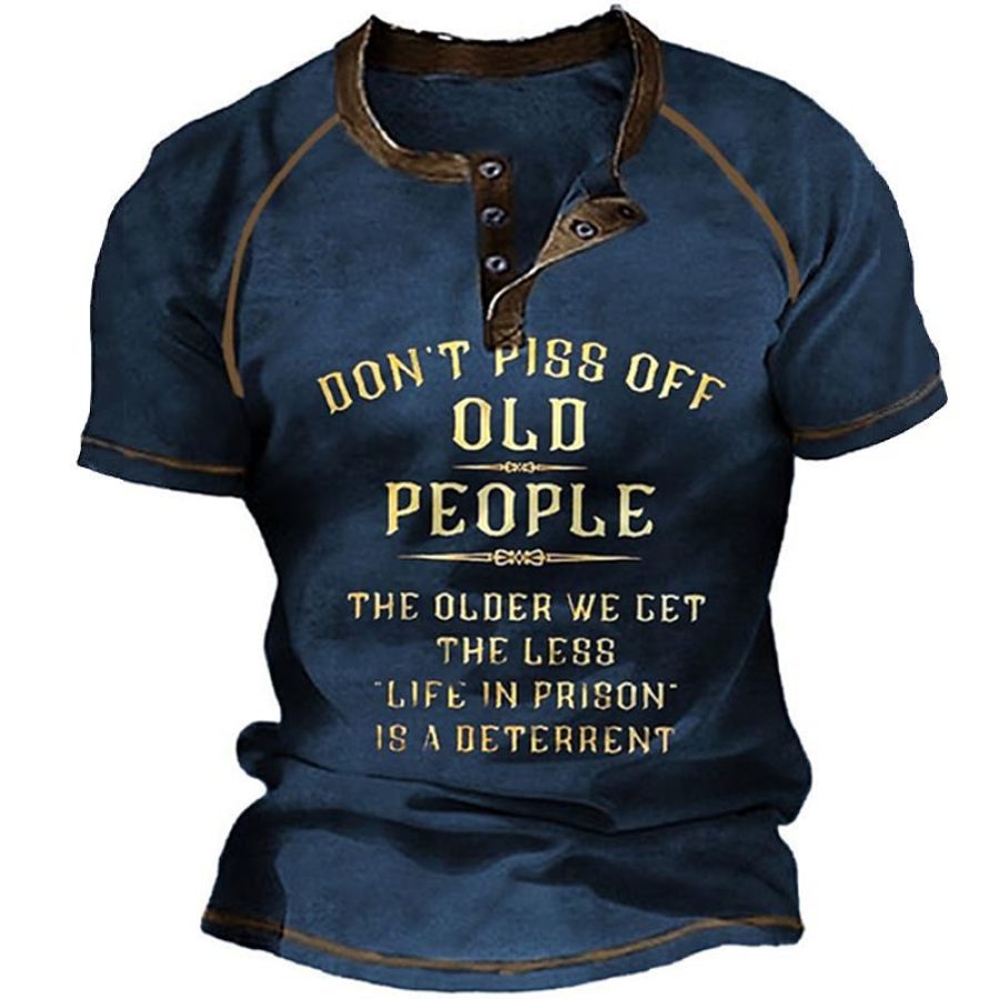 

Men's Vintage Don't Piss Off Old People Print Henley T-Shirt