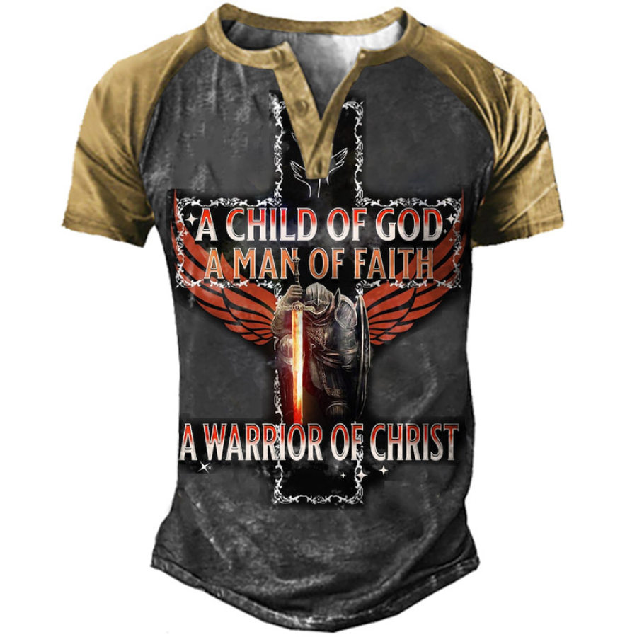 

Men's Vintage A Child Of GOD Man Of Faith Templar Cross Christian Henley T-Shirt