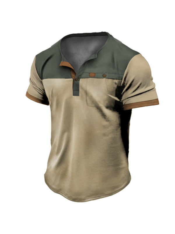 Plus Size Men's Outdoor Vintage Tactical Color Matching Pocket Henley T-Shirt