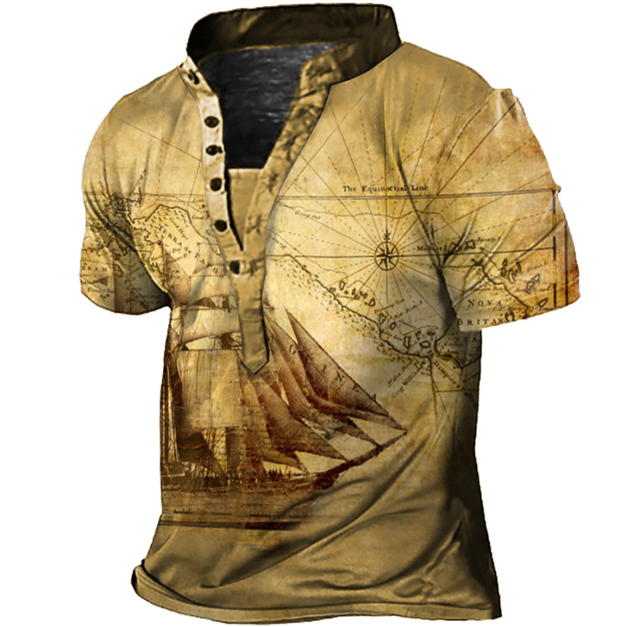 

Men's Vintage Nautical Sailboat Map Print Henley Neck T-Shirt