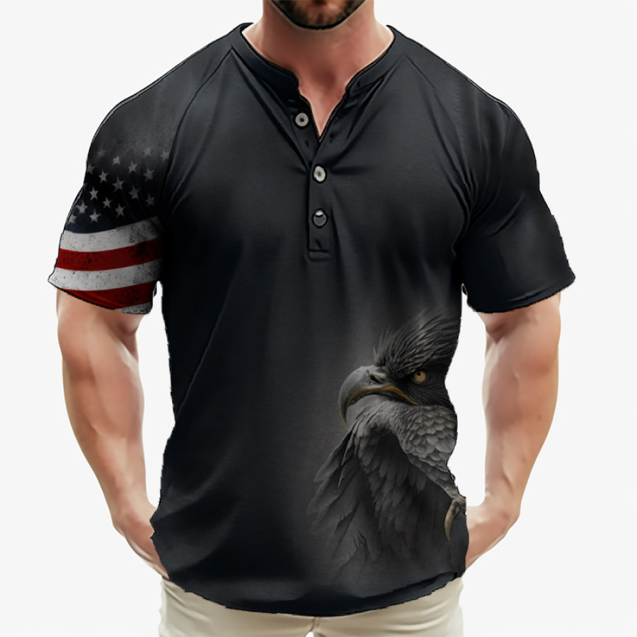 

MensVintage American Flag Eagle Henley Collar T-Shirt