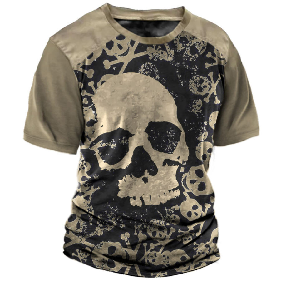 

Men's Vintage Skull Print Color Block T-Shirt