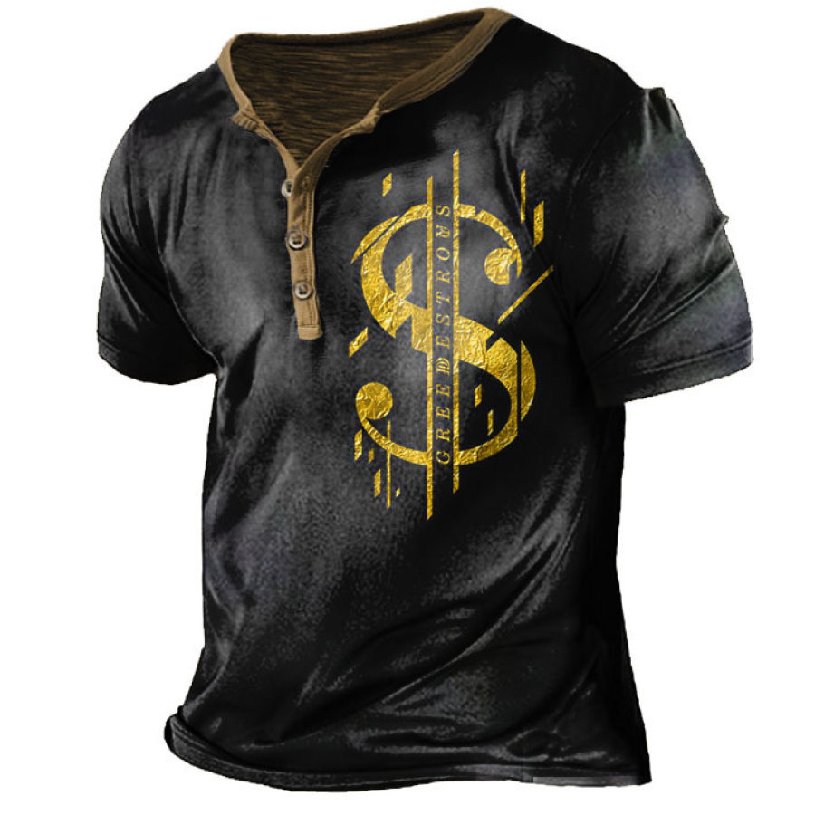 

Men's Vintage Dollar Print Henley Collar T-Shirt