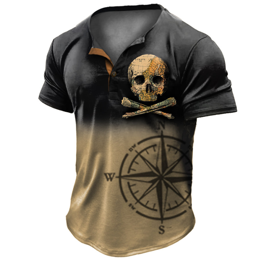 

Men's Vintage Skull Map Compass Henley T-Shirt