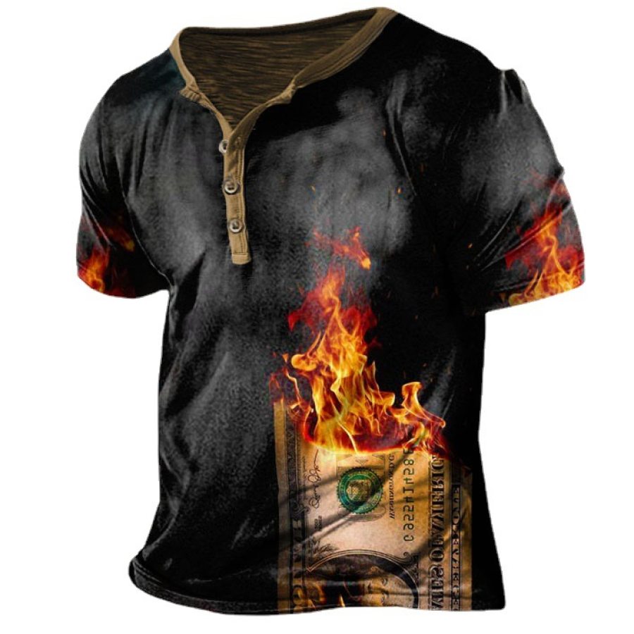 

Men's Vintage Dollar Flame Print Henley Collar T-Shirt