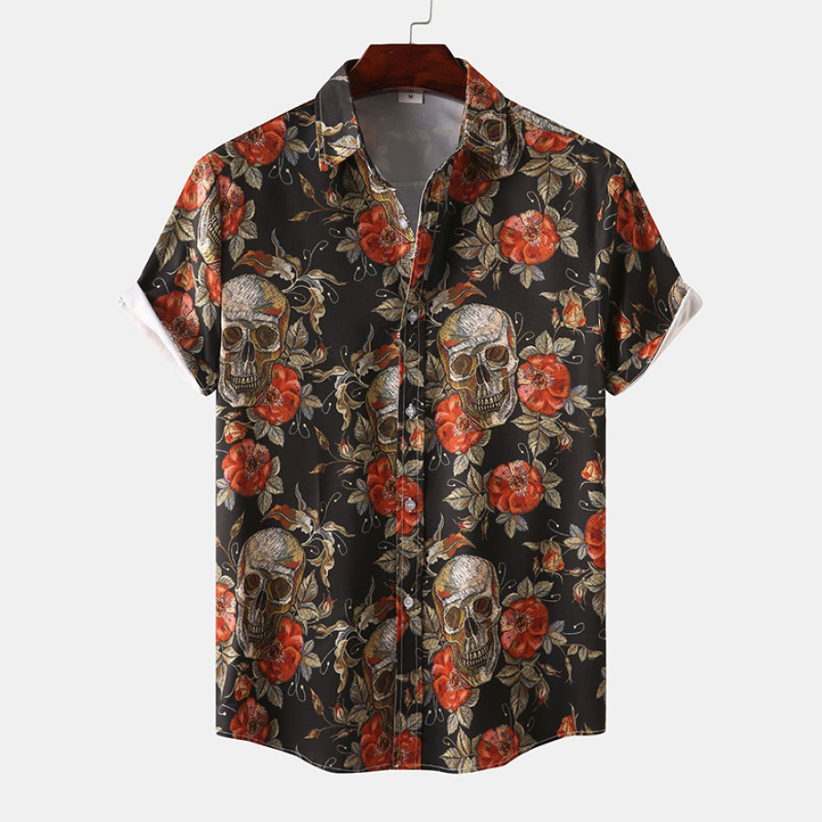 

Men's Rose Skull Print Beach Vacation Shirt