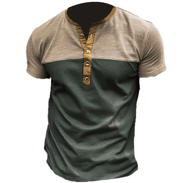 Men's Vintage Solid Color Stitching Henley Collar Short Sleeve T-Shirt - Kalesafe.com 