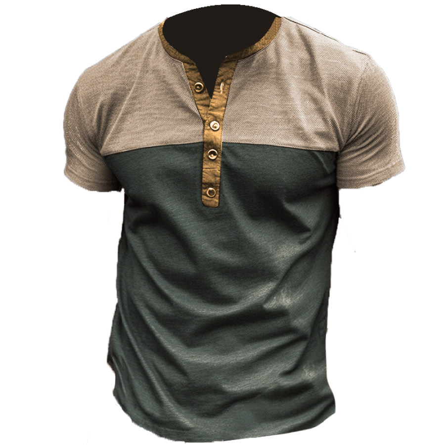 

Men's Vintage Solid Color Stitching Henley Collar Short Sleeve T-Shirt