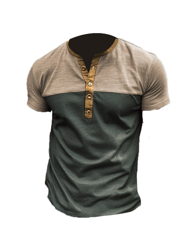 Men's Vintage Solid Color Stitching Henley Collar Short Sleeve T-Shirt