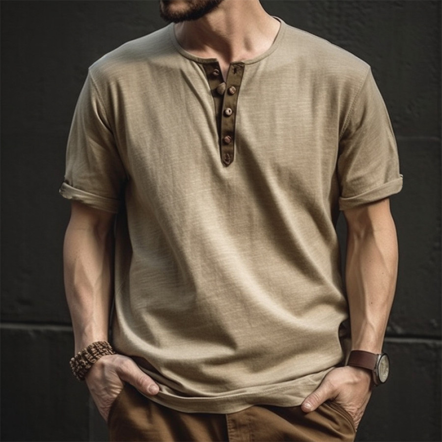 

Men's Vintage Solid Color Panel Henley Collar T-Shirt